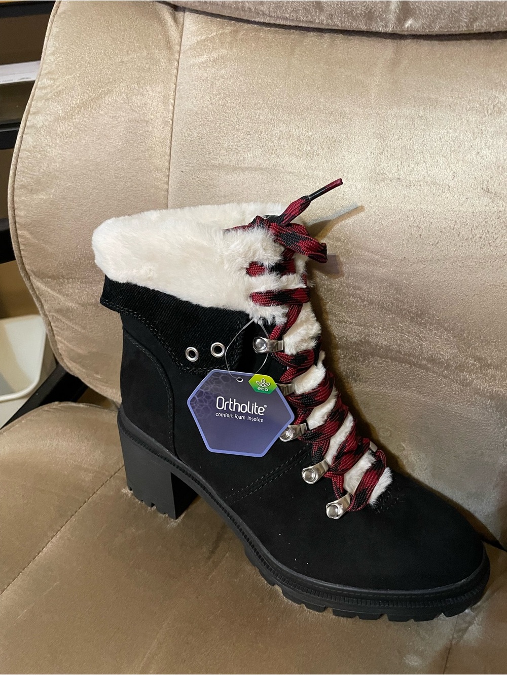 Black Lace-Up Women's Ankle Boot with White Faux Fur and Red Accents